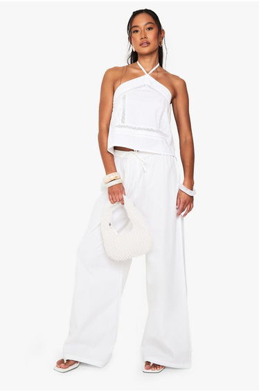 Drawstring Waist Poplin Wide Leg Trousers