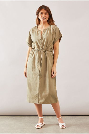 Linen Mix Button Drawstring Midi Dress
