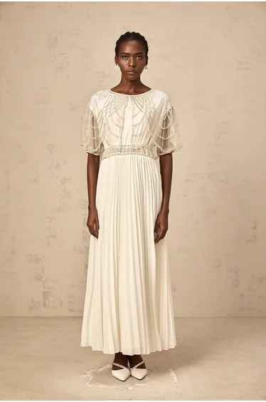 white crystal-embellished pleated maxi dress