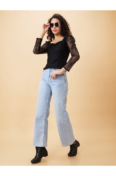 Sweetheart Neck Puff Sleeves Lace Top