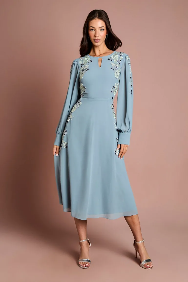 Embroidered and Embellished Long Sleeve Midi Dress
