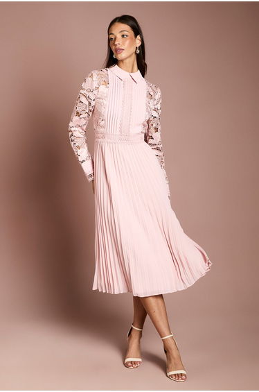Long Sleeve Lace and Pleated Midi Shirt Dress