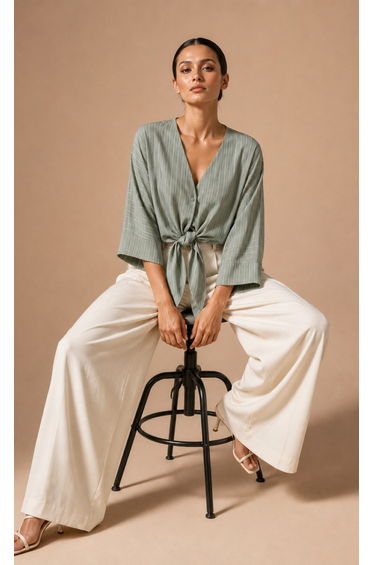 Green Stripe Tie-Knot Top with V-Neck