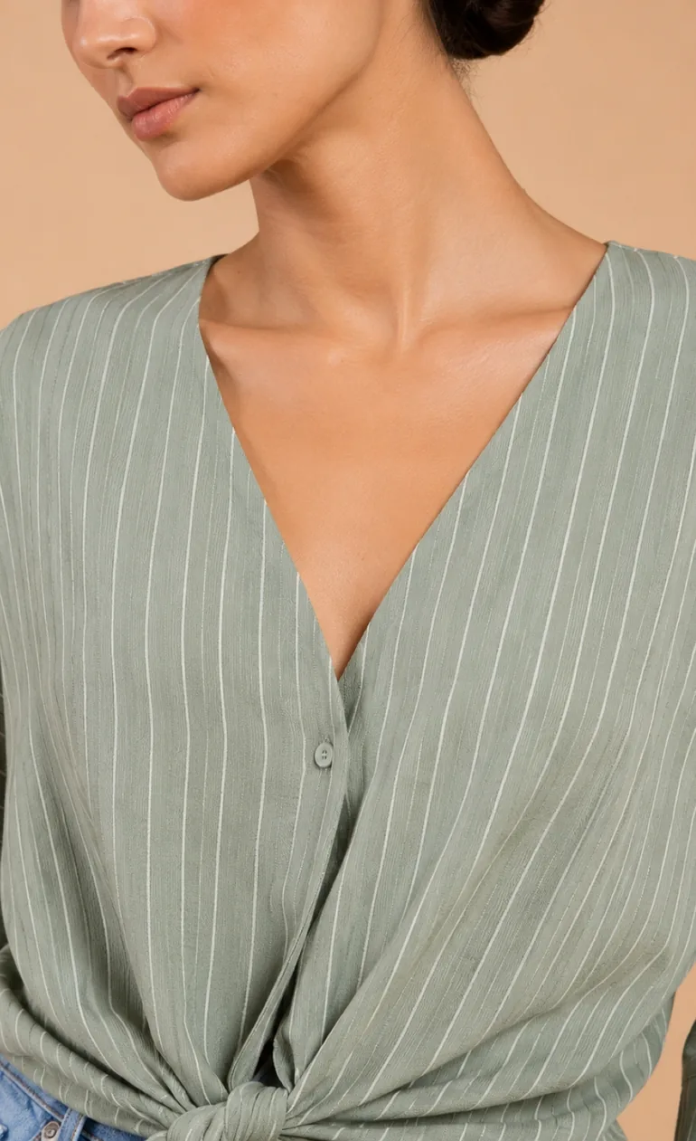 Green Stripe Tie-Knot Top with V-Neck - 3