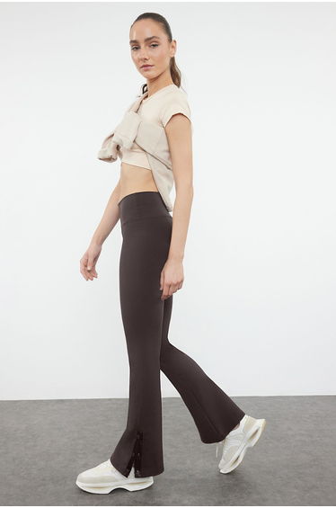 Dark Brown Gathering Leg Snap Detailed Spanish Leg Yoga Knitted Sports Tights