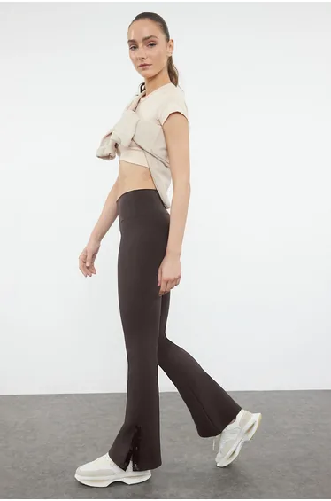 Dark Brown Gathering Leg Snap Detailed Spanish Leg Yoga Knitted Sports Tights