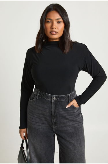 Plus Shoulder Pad Long Sleeve Top - black