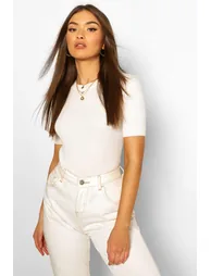 Rib Knit Crew Neck Short Sleeve Knitted Top - cream - 3