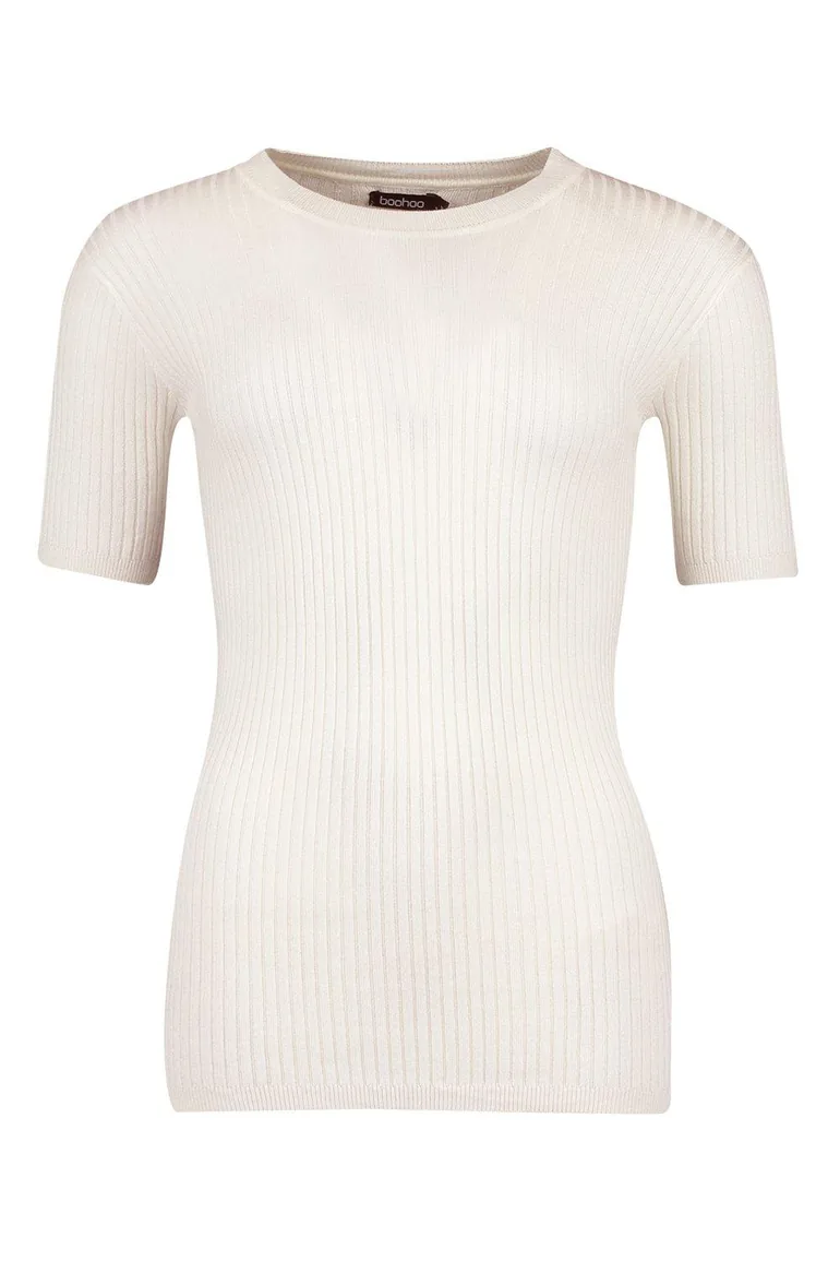 Rib Knit Crew Neck Short Sleeve Knitted Top - cream - 2