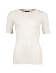Rib Knit Crew Neck Short Sleeve Knitted Top - cream - 2