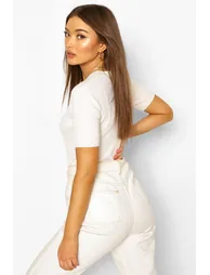 Rib Knit Crew Neck Short Sleeve Knitted Top - cream - 1