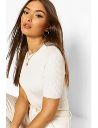 Rib Knit Crew Neck Short Sleeve Knitted Top - cream
