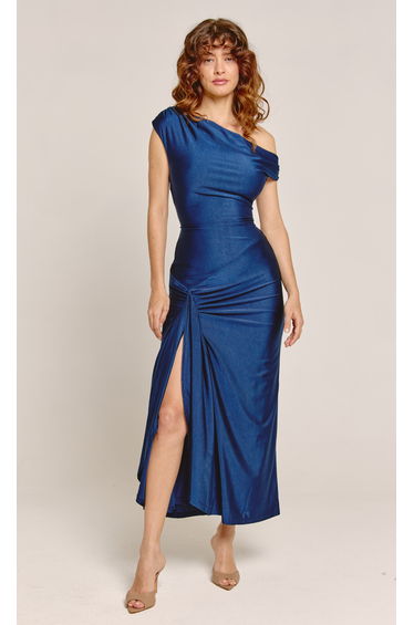 Navy Fallen Shoulder Thigh Slit Maxi Dress
