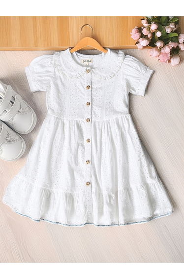 Solid Schiffli Puff Sleeves Dress with Button Front