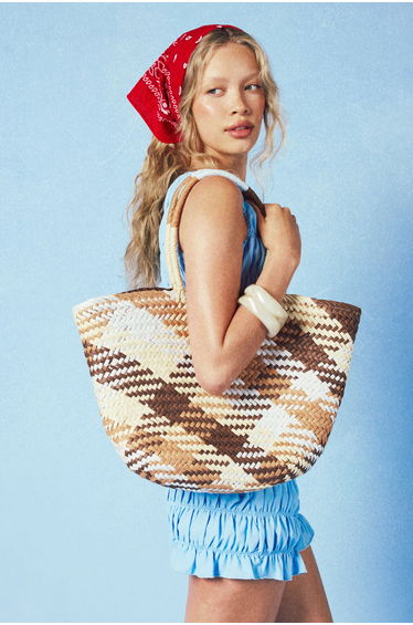 Woven Straw Detail Structured Beach Bag - brown