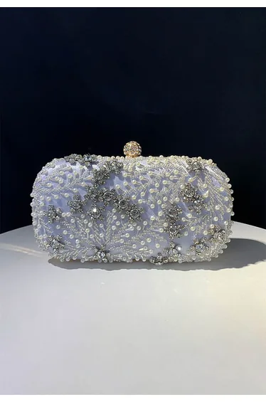Rhinestone Beaded Vine Embroidered Clutch in Dusty Blue