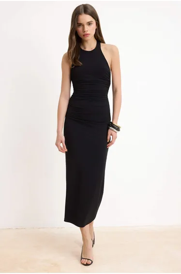 Black Plain Shirring / Drape Midi Twist Detailed Stretchy Knitted Dress