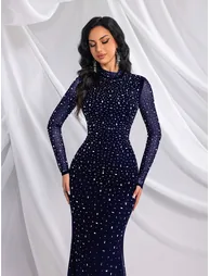 Navy Beaded Chiffon Maxi Evening Dress - 3