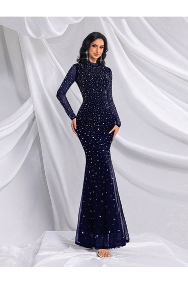 Navy Beaded Chiffon Maxi Evening Dress