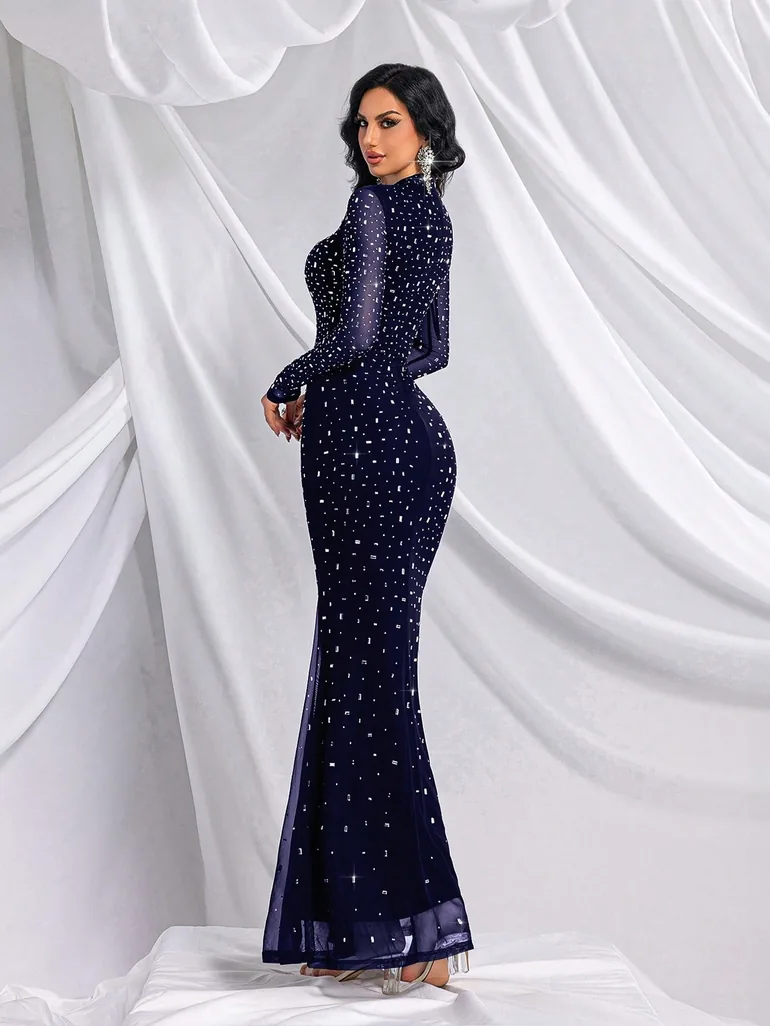 Navy Beaded Chiffon Maxi Evening Dress - 4