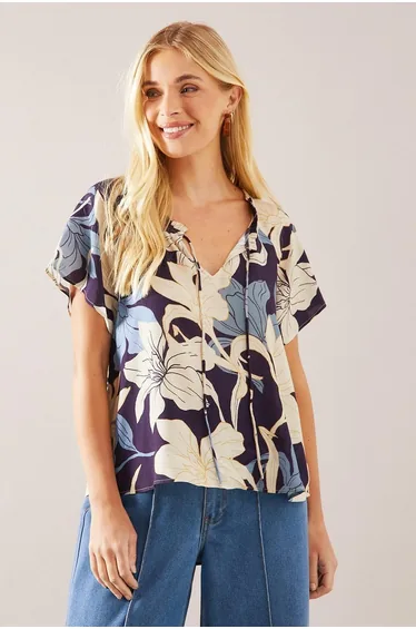 Petite Navy Floral Tie Neck Top