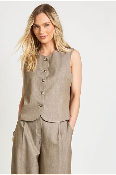 Petite Crew Neck Textured Waistcoat - taupe