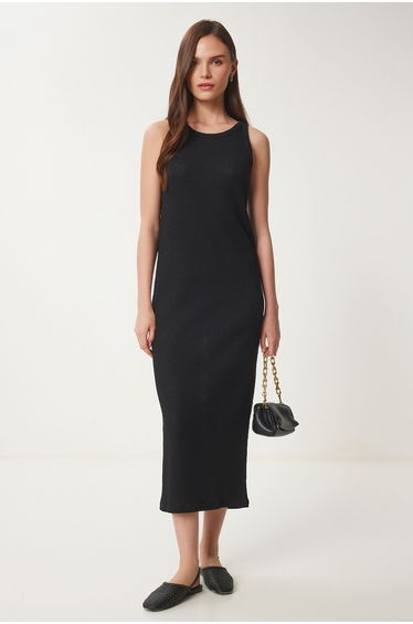 Women's Black Basic Corded Midi Knitted Dress