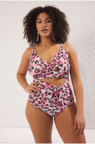 Multi-Colored Deep V Cut Out Detail Leopard Print Plus Size Swimsuit