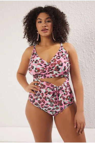 Multi-Colored Deep V Cut Out Detail Leopard Print Plus Size Swimsuit