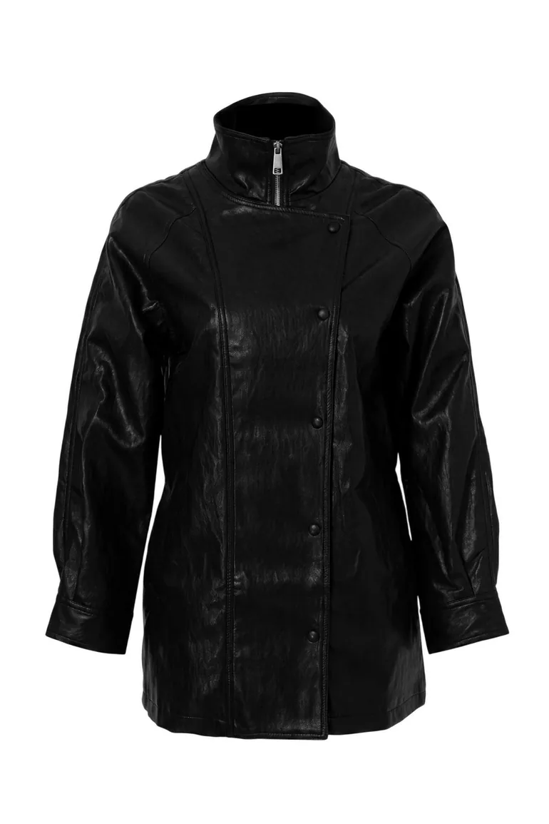 Black Oversize Fit Adjustable Waist Faux Leather Jacket Coat - 5