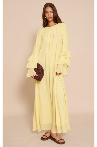 Lemon Chiffon Frill Sleeve Detail Maxi Dress