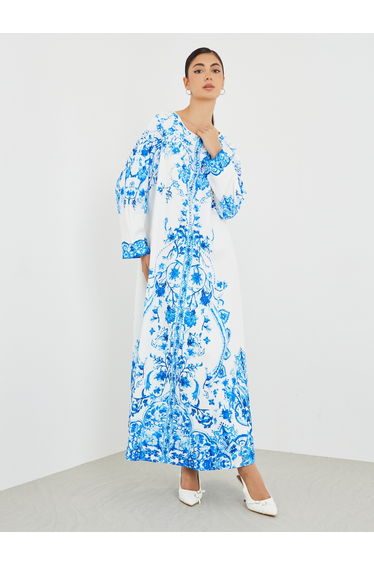 Placement Print V-Neck A-Line Jalabiya
