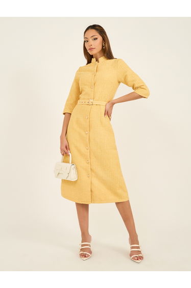 Textured Collared A-Line Midi Dress with Belt