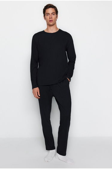Black Regular Fit Knitted Pajama Set