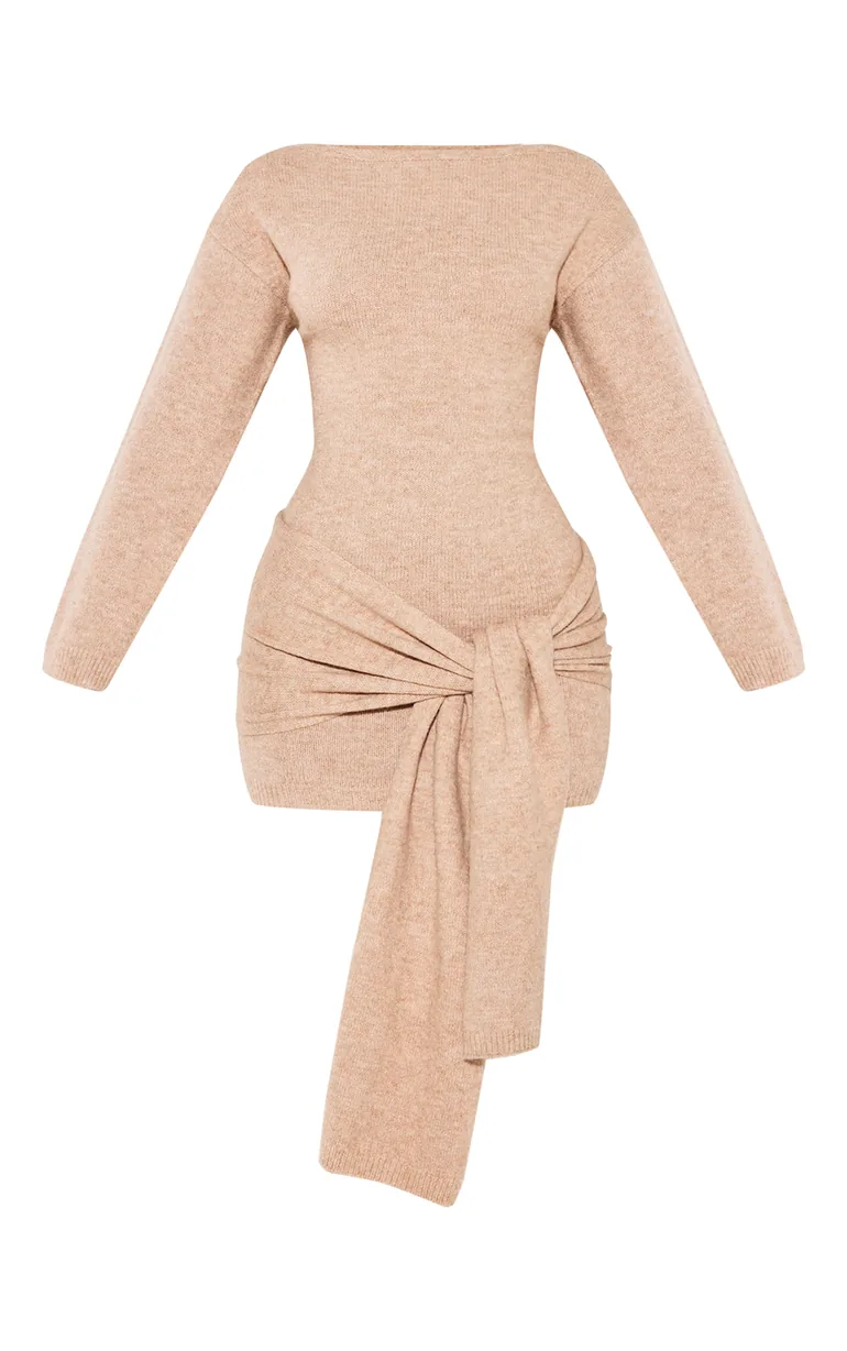 petite camel knit slouchy mini dress with tie wrap around VILA knitted mini wrap dress in camel