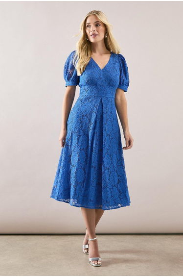 Petite Lace V Neck Tea Midi Dress