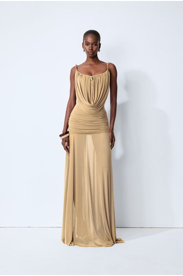 Signature Look Khaki Cowl Neck Semi-sheer Maxi Dress