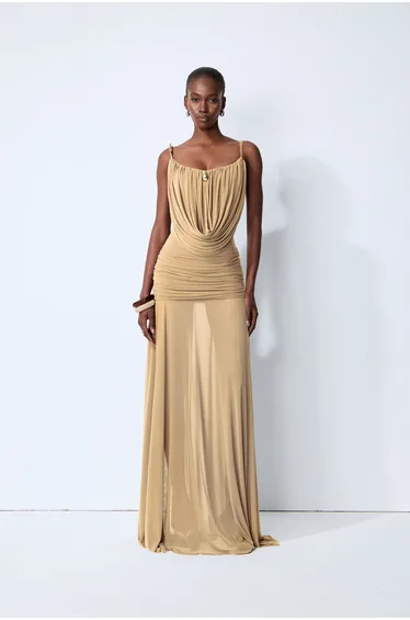 Signature Look Khaki Cowl Neck Semi-sheer Maxi Dress