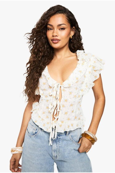 Woven Floral Print Tie Front Top - white