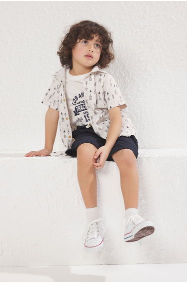 Ecru Boy Cotton Slogan Printed Knitted 3-Piece T-Shirt Shorts Shirt Bottom-Top Set