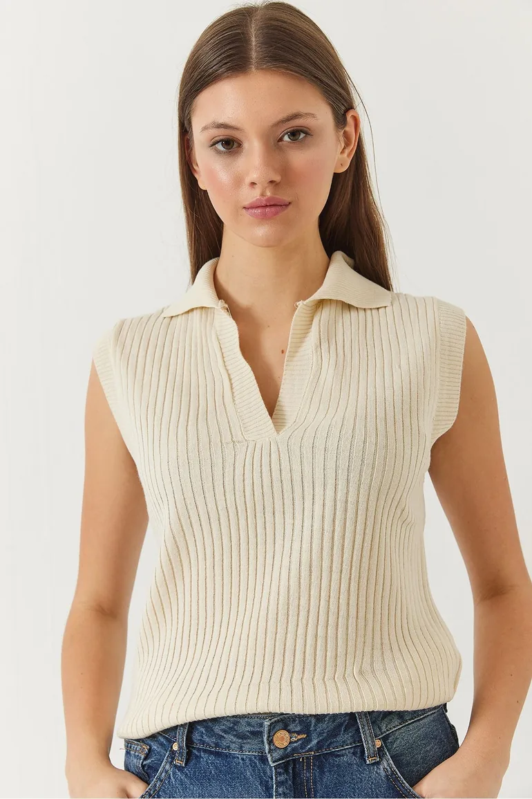 Women's Polo Neck Ribbed Summer Knitwear Sweater - 1