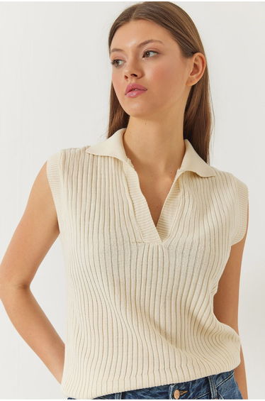 Women's Polo Neck Ribbed Summer Knitwear Sweater