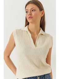Women's Polo Neck Ribbed Summer Knitwear Sweater