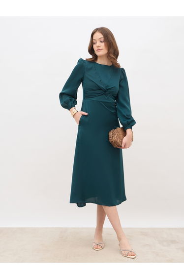 Women Teal Plain Satin Knot Front Balloon Sleeves A-Line Midi Dress