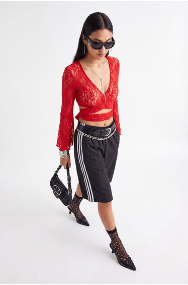 Red Plain Bolero V-Neck Standard Sleeve Long Tie Detailed Super Crop Tulle Knitted Blouse