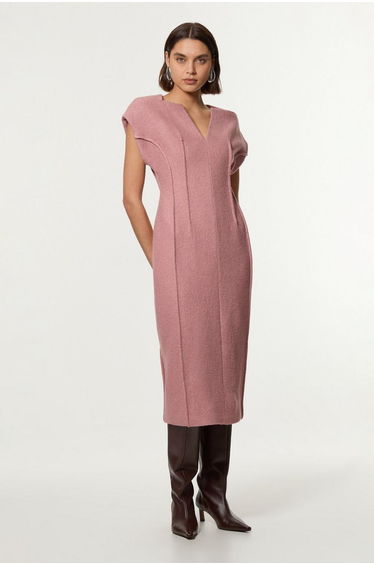 Textured Wool Blend Darted Tailored Midi Dress