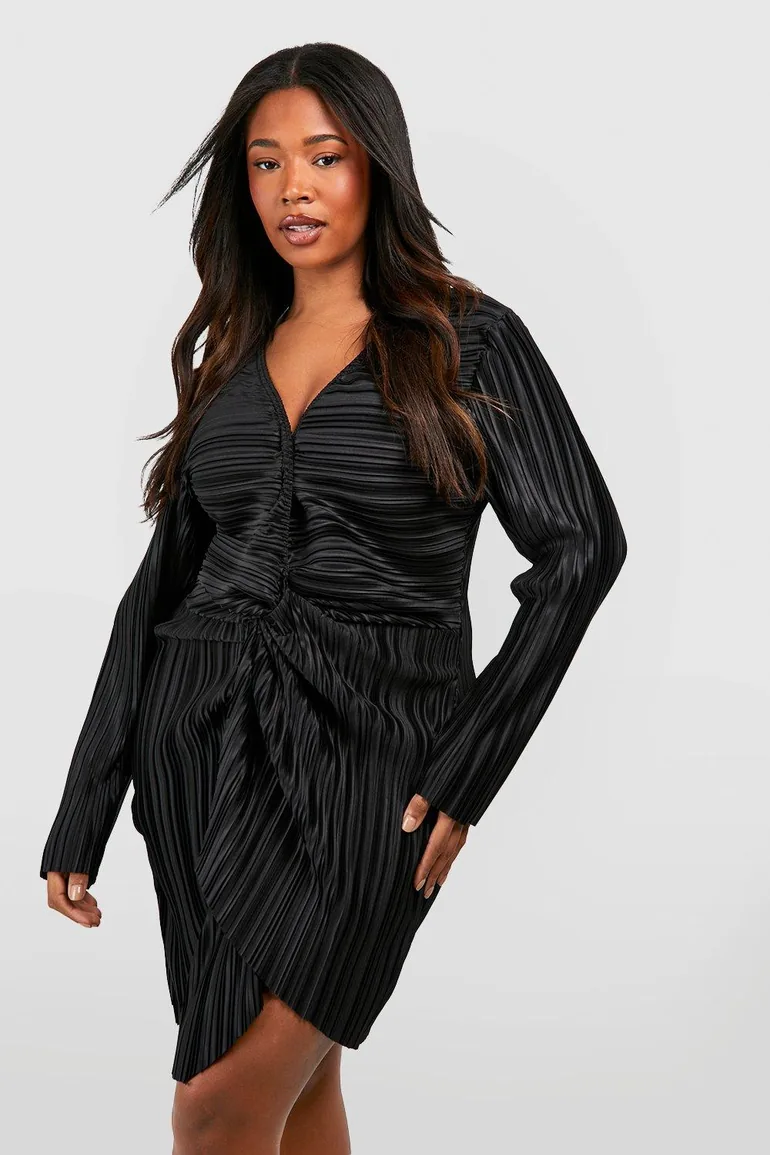 Plus Wide Plisse Twist Front Wrap Dress - black - 1
