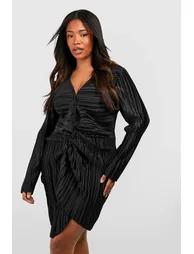Plus Wide Plisse Twist Front Wrap Dress - black - 1