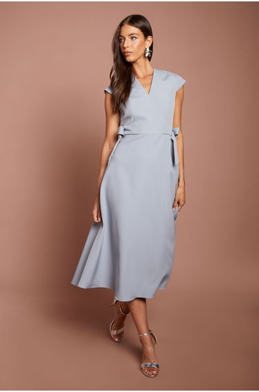 Bow Waist Detail Cap Sleeve Midi Dress