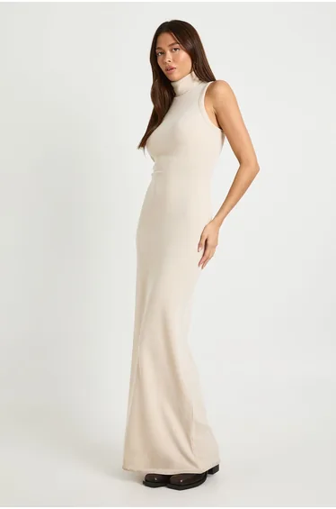 Ribbed Sleeveless High Neck Maxi Dress - beige